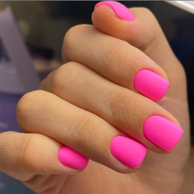 Hot Pink Press On Nails Short Square,KQueenest Glue on Nails,Short Fake Nails Kit Acrylic Pure Matte Color Gel Nails Set Natural Fingernails Manicure for Women Girls in 24PCS