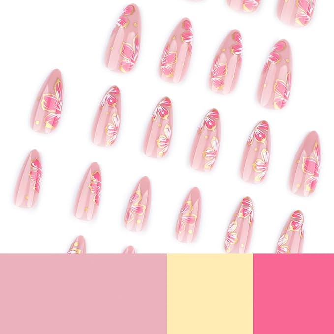 Pink Flower Press on Nails Medium Fake Nails Almond Shape Floral Design with Gold Accents Glue on Nails Spring Summer Artificial Nails Glossy Full Cover Stick on Nails for Women Girls, 24Pcs