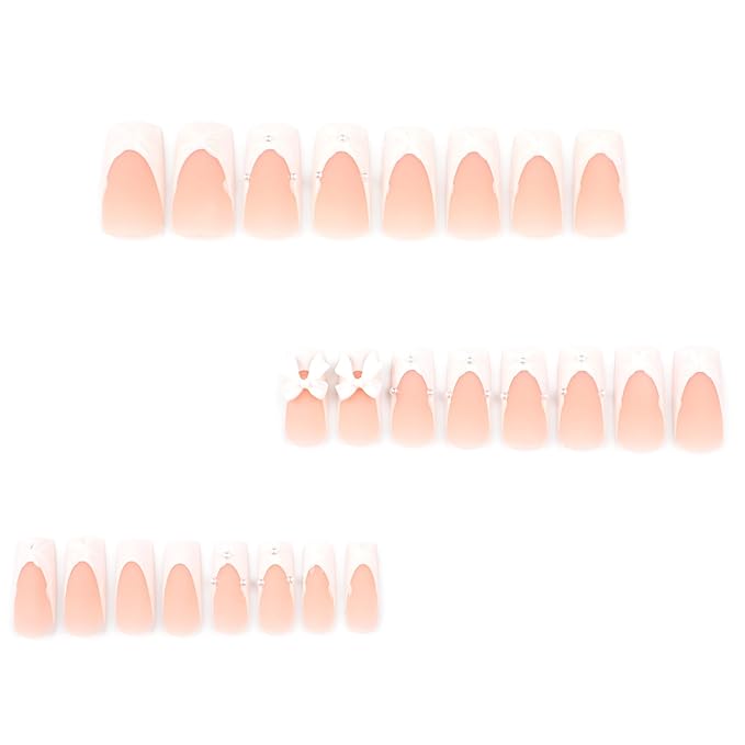 Handmade 3D White Bow French Tips Press On Nails Square Medium Length, Bow French Tip Designer Reusable Acrylic Fake Nails With Cute Glue On Nails, Daily Wear Nails For Women Girls