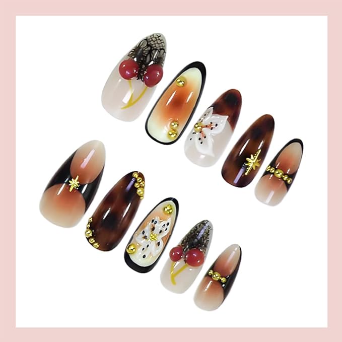 French Tip Press on Nails Medium Almond Fall Fake Nails with Gold Rhinestones Designs 3D Cherry Flower False Nails Brown Full Cover Artificial Glue on Nails - 24Pcs Nail Kit for Women Girls Manicure