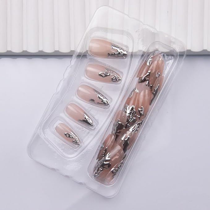 Almond Press on Nails Silver Fake Nails French Tip False Nails Press ons 3D Silver Chrome Design Glue on Acrylic Nails for Women Manicure Art Decoration 24Pcs