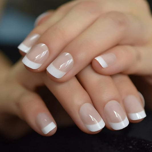 Natural Beige Nude White Press on Nails Short Squoval French Nail Tips False Nails Easy Wear Salon Manicure Reusable UV Gel Fake Nails DIY Nail Art at home