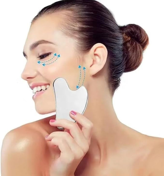 Stainless Steel Gua Sha Facial Tool - Facial Gua Sha Tool, Facial Contouring Tool, Jawline Contourer, Double Chin Reducer, Body Gua Sha Tool, Lymphatic Drainage Massager, Facial Skin Care - Silver