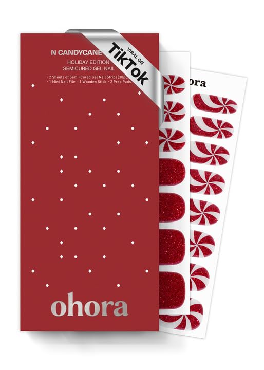 ohora Semi Cured Gel Nail Strips (N Candycane Swirl) - Works with Any Lamps, Salon-Quality, Long Lasting, Easy to Apply & Remove - Includes 2 Prep Pads, Nail File & Wooden Stick