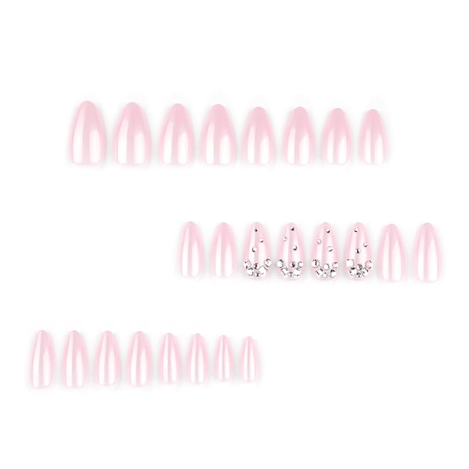 Nude Pink Rhinestone Press On Nails, Glossy Gradient Almond Fake Nails with Crystal Gems Design, Elegant Sparkly Stick On Nails for Women, 24PCS Reusable False Nail Set