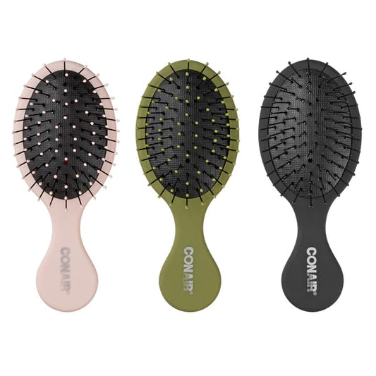 Conair Detangling Mini Hair Brush Set, 3-Pack Detangler Brushes for Wet or Dry Hair, Gentle Detangler for All Hair Types, Bristle Hair Brushes for Women, Travel Size, Matte Pink, Green, Black