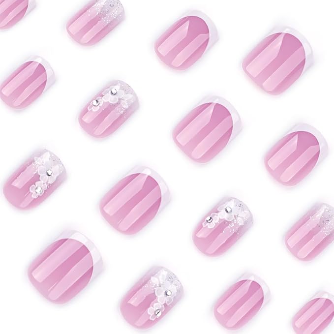 Short Square Press On Nails White Nude Gradient False Nails with White Silver Flowers Acrylic Press in Nails Gel Stick On Nails Set Glue on Nail for Women & Girls 24Pcs