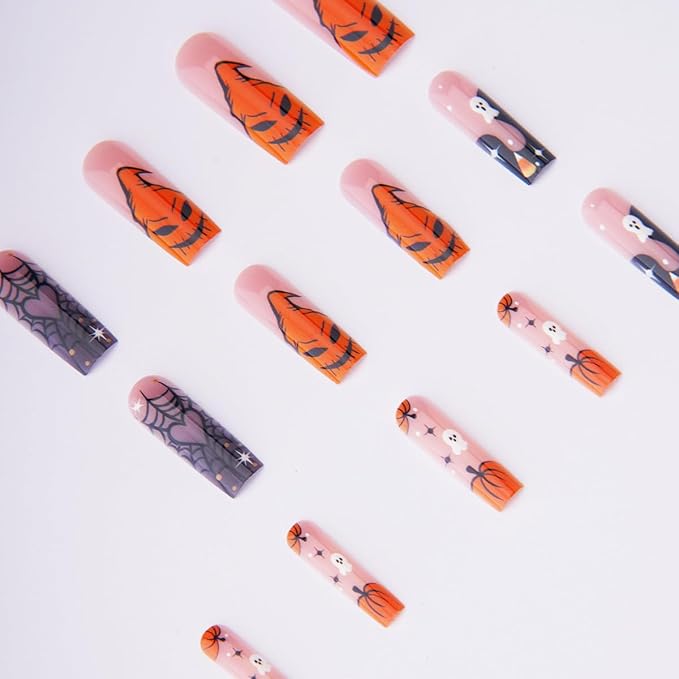 24Pcs Halloween Press on Nails Long Square French Tip Fake Nails Orange Pumpkin with Black Spider Web Monster Goth Design Cute Ghost False Nails Glossy Stick on Nails for Women Acrylic Holiday DIY