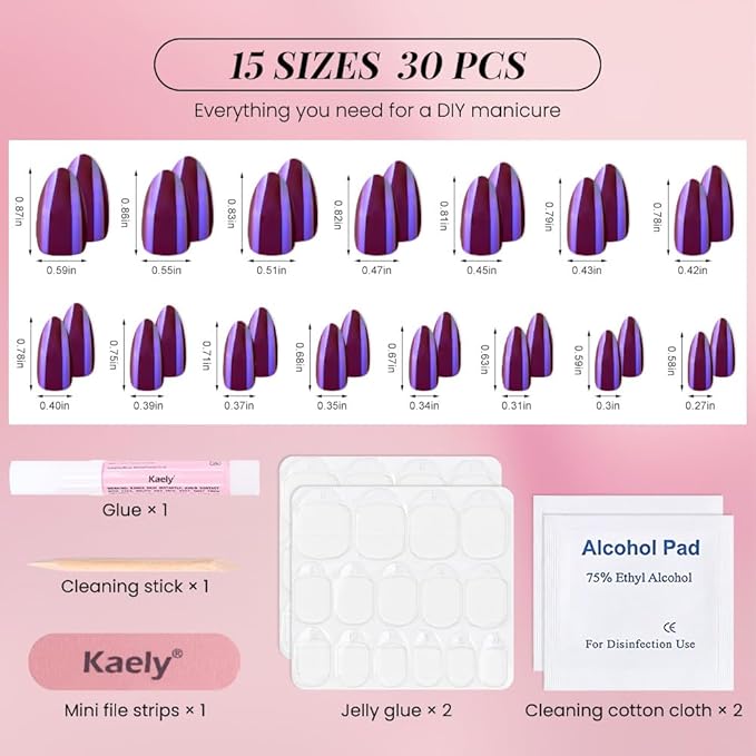 evpct Dark Purple Press on Nails Almond Short, Dark Purple Chrome Glazed Glossy Short Almond Soft Gel Press On Nails with Nail Glue for Women Gift, 15 Sizes 30Pcs Reusable Stick Acrylic Fake Nail Kit