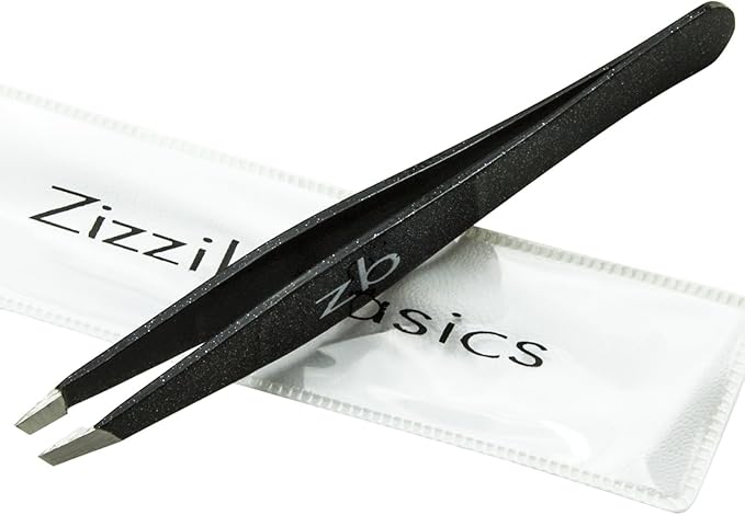 Tweezers – Surgical Grade Stainless Steel - Slant Tip for Expert Eyebrow Shaping and Facial Hair Removal – with Protective Pouch - Best Tweezer for Men and Women (Black)