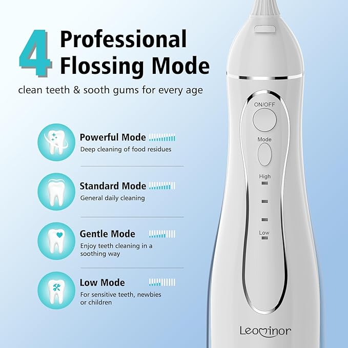 Leominor Water Dental Flosser Pick for Teeth, 300ML Portable Oral Irrigator Upgraded Tank Removable,IPX7 Waterproof, Rechargeable Travel Teeth Cleaner, Professional Electric Flossing (Blue White)