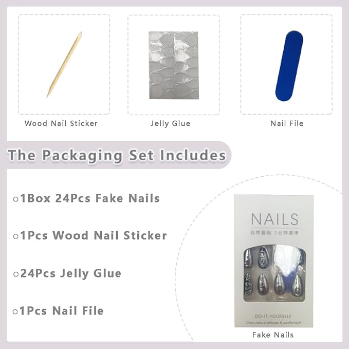 30Pcs Dark Black Press on Nails Medium Almond Fake Nails 3D Metallic with Irregular Lines Design False Nails Shiny Silvery Rhinestones Artificial Nails Full Cover Gothic Stick on Nails for Women Girls