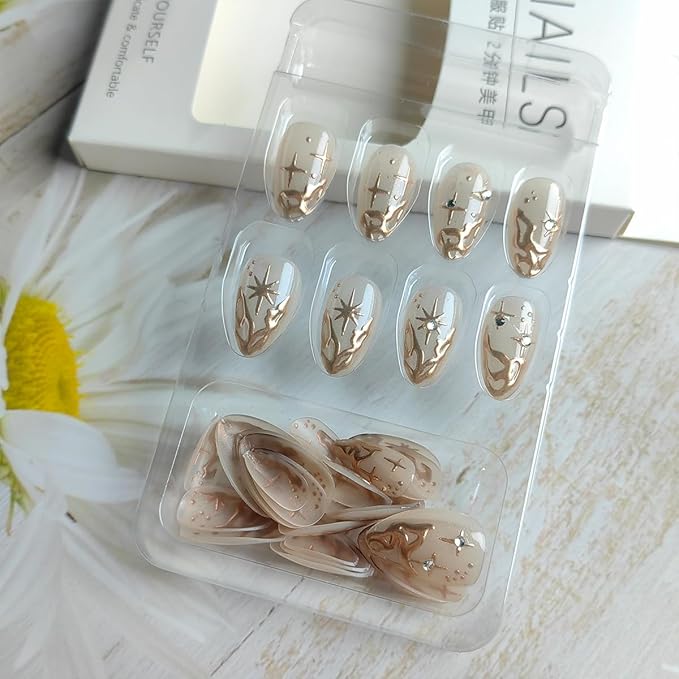 24Pcs Gold French Tip Press on Nails Short Almond Fake Nails 3D Gold Irregularity Chrome Acrylic Nails Star Moon False Nails French Nails Tip Glue on Nails Nude Stick on Artificial Nails for Women