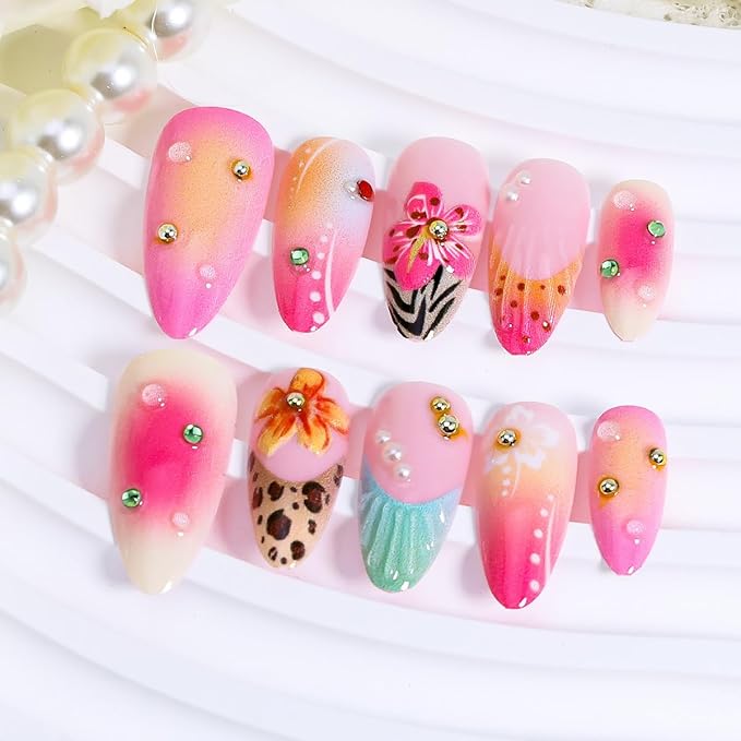 24Pcs Flower Press on Nails Medium Almond Fake Nails with leopard French Tip Nails Design Gold Silver Pearl False Nails Full Cover Artificial Glue on Nails Spring Summer Stick on Nails for Women DIY
