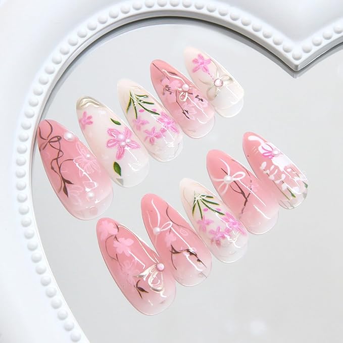 24pcs Flower Press on Nails Medium Almond Fake Nails Peach Blossom Press on 3D Pearl Bow False Nails Cute Cat Stick on Nails Full Cover Artificial Nail Acrylic Fingernails for Women Manicure