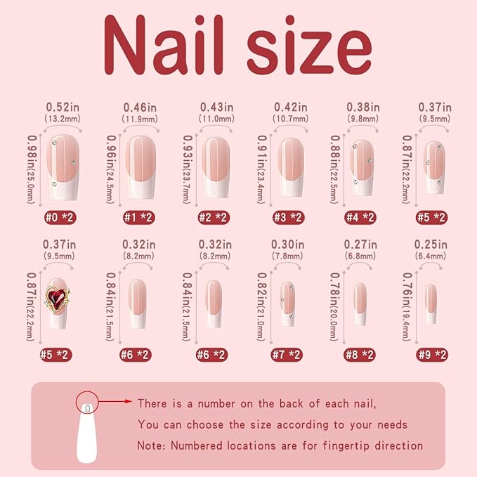 Yivaiks White French Tip Press on Nails Medium Fake Nails With Designs Gem Heart Stick on Nails Full Cover Artificial Nails Press ons Acrylic Nails Kit 24pcs