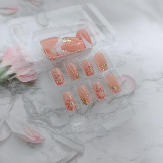 24Pcs Fall Flower Press on Nails White French Fake Nails Medium Square Acrylic Nail Full Cover Glossy Gold Glitter Stick on Nail French Lines Light Pink False Fingernails for Women DIY Manicure Art