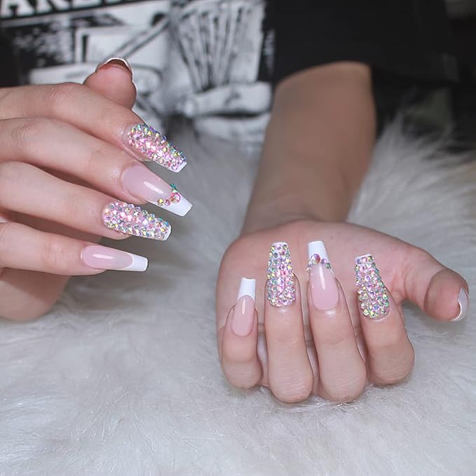 Yivaiks 24pcs Press on Nails Medium Length Coffin,Rhinestones Acrylic Fake Nails with glue kit，Glossy Crystal Ballerina Nails Press on， Stick On Nails for Women Girls