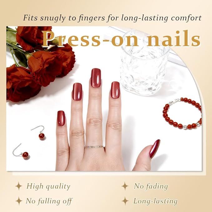 Cat Eye Red Press On Nails Medium Long Length Square, Designer Reusable Acrylic Fake Nail with Glue, Glossy Gel Nails Wedding Party, Stick On Glue On Nail, Nails Press Ons for Women