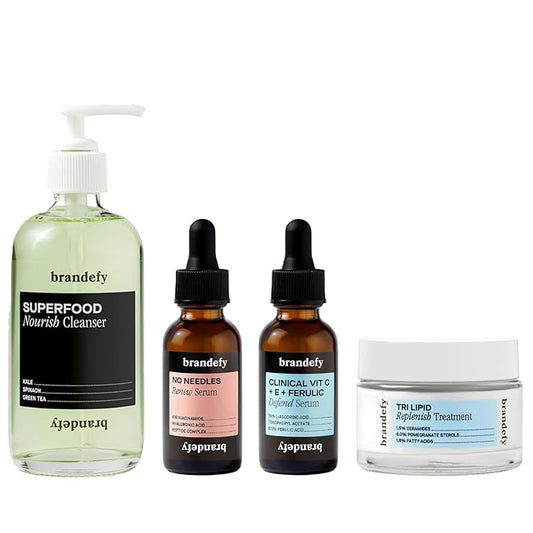 Brandefy Holiday Luxe Essentials Set - Superfood Nourish Cleanser, No Needles Renew Serum, Clinical Vit C + E + Ferulic Defend Serum and Tri Lipid Replenish Treatment