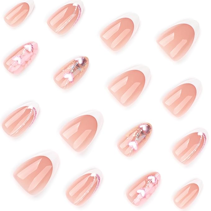Tortoise Pattern Press on Nails 3D Heart Gel Glue on Fingernails 24Pcs French Acrylic Full Cover Fake Nails Glossy Pink Glitter Medium Almond False Nail Curve Stick on Nail for Holiday Manicure Art