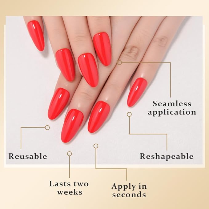 evpct Bright Red Medium Almond Glossy Press on Nails for Women Gift, Glossy Bright Red Fake Nail with Glue Manicure Kit, Soft Gel Full Cover Reusable Stick on Glue on Acrylic False Nails Perfectly Fit
