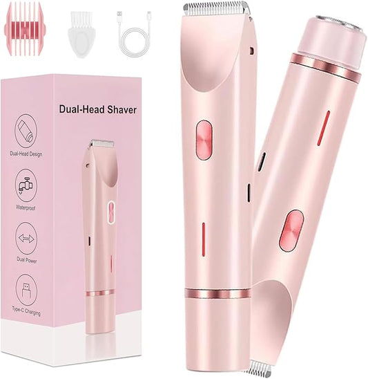 Dermave Bikini Shaver,2 in 1 Dual Head Bikini Trimmer & Body Shaver, Painless Hair Removal with Silky Glow Finish, Cordless & Waterproof Electric Trimmer for Women,Pink