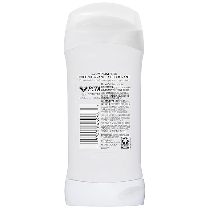 Suave Aluminum-Free Deodorant for Women, Coconut & Vanilla, 2.6 Oz