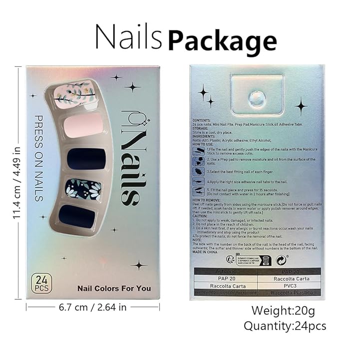 Flower Press on Nails Short Square Fake Nails Matte Spring Summer Glue on Nails with Flower Leaf Designs Acrylic Stick on Nails Reusable Artificial Nails for Women Manicure Decorations 24Pcs