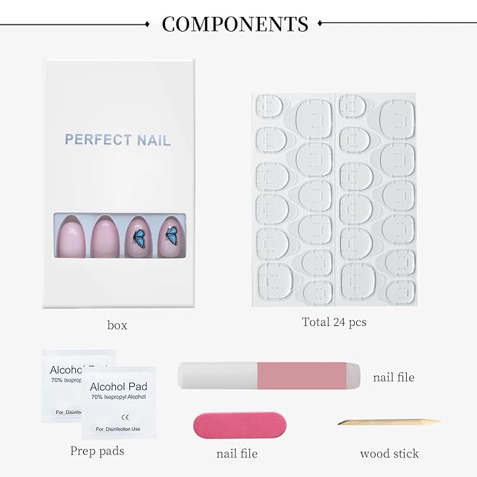 3D Nature Press On Nails Short Oval 24PCS Cute Fake Nails with Butterfly, Ladybug, Mushroom & Flower Art, Pink Glossy Acrylic Stick On Nails with Glue Kit for Girls & Women