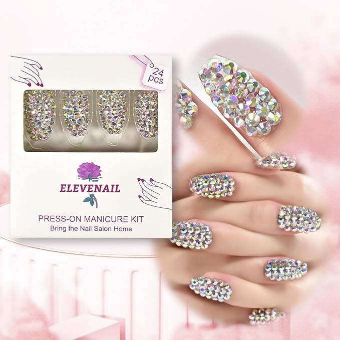 Handmade 24pcs Full 3D Rhinestone Press on False Nails Medium length Coffin Fake Nails Salon DIY Manicure Reusable Acrylic Shiny Crystal Nail Art Tips Gift for Women Girls