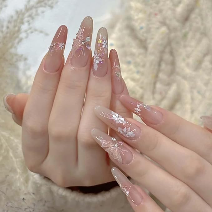 Hkanlre Press on Nails Long Fake Butterfly Pink Nails Tips Full Cover False Almond Nails for Women and Girls 24PCS