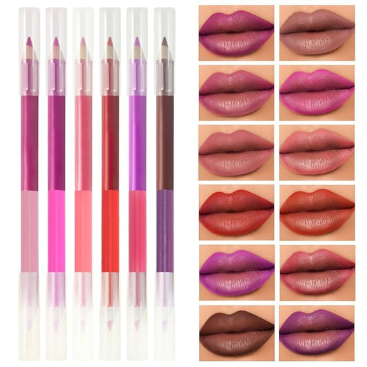 6Pcs Dual-Ended Dual-Colored Lip Liner Pencil Set - 12 Colors Matte Lipstick Pencil, No Transfer Smudgeproof & Waterproof, Sharpenable Lip Crayon for Women,Velvet Long-Lasting Lip Color Set A