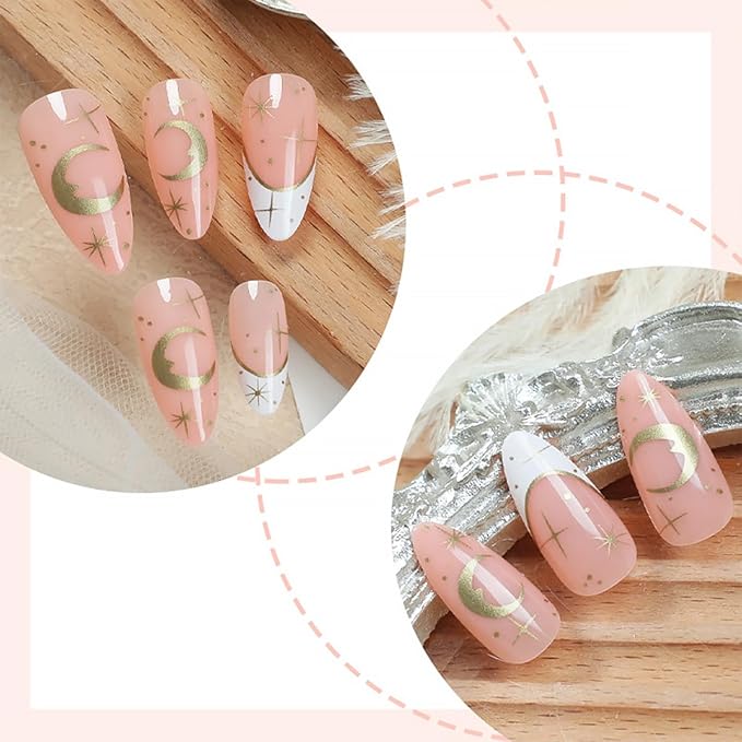 24Pcs Almond Press on Nails Medium French Tip Fake Nails White Nail Tips with Star Moon Design Nude False Nails Gold Glossy Stick on Nails Cute Nail Supplies for Women Girls DIY Manicure Decoration