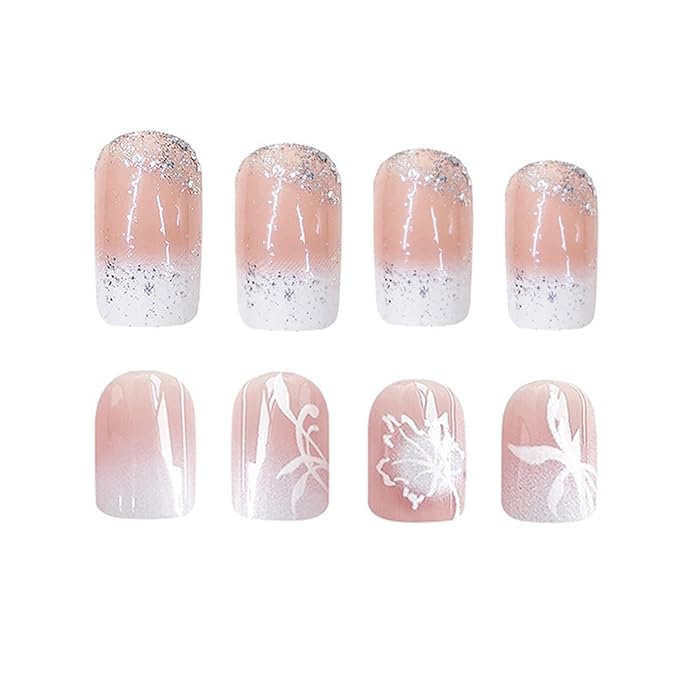 2Packs 48 Pcs Ombre Press on Nails Short Press on Nails Medium Square Fake Nails White Gradient Acrylic Nails French Tip False Nails Press on Glitter Glue on Nails Artificial Nails for Women Manicure