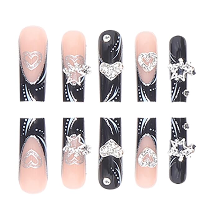 Fake Nails Black Long Press on Coffin Nails Heart Crystal Full Cover Acrylic French Shiny Fake Nails for Women and Girls 24PCS