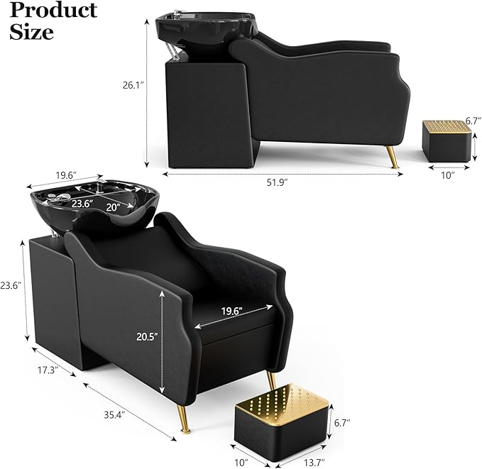 Paddie Shampoo Chair and Bowl Set of 2 for Salon, Backwash Shampoo Station Sink with Ceramic Bowl and Foot Stool, Barbershop Spa Equipment