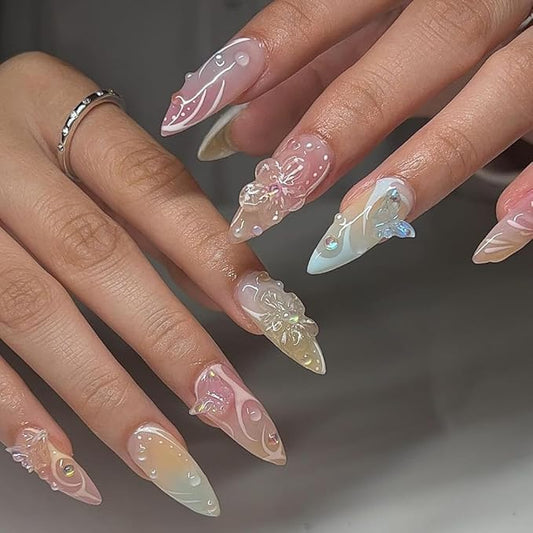 Handmade 3D Flower Butterfly Blue Pink Press On Nails Almond Medium, Cute Nails Press On Floral Pearl Designer Reusable Acrylic Fake Nails With Cute Charms Glue On Nails, Nails For Women