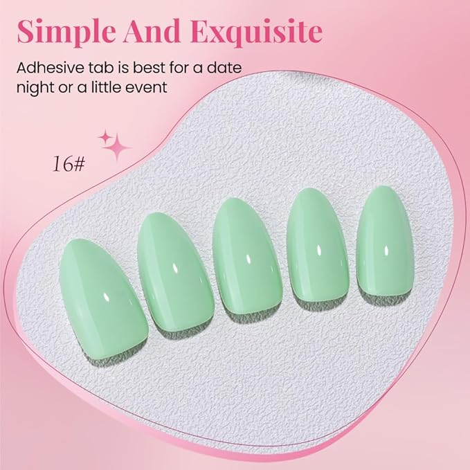 evpct Glossy Press on Nails Short Almond Short for Women, Green Fake Nail with Glue Salon Quality Reusable Stick on Nails In 15 Sizes 30Pcs Full Cover False Nail Soft Gel Set Kit for Gift, 16