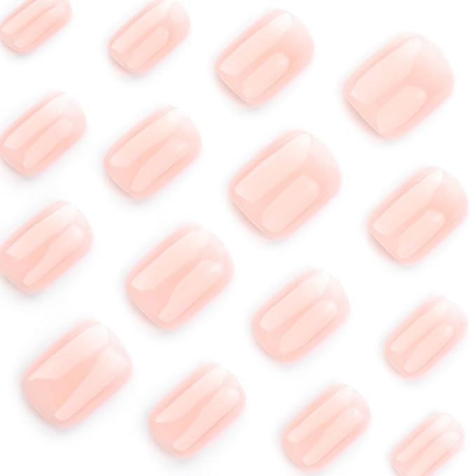 Pink Ombre Press On Nails Extra Short Square, French Tip Designer Fake Nails Reusable Acrylic Nail for Women, Glossy Soft Gel Gradient False Nail with Glue On Nails, Wedding/Party Stick On