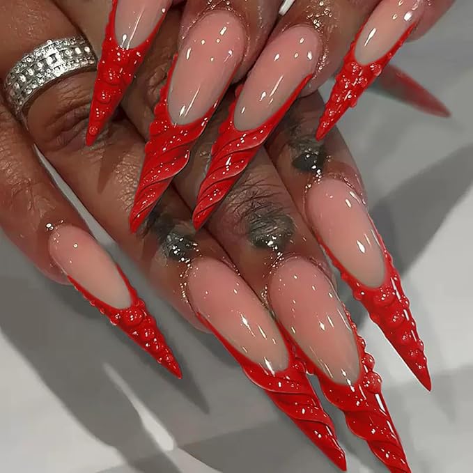 Long Stiletto Press on Nails Nude False Nails Red Dripping Glossy Stick on Nail for Women 24pcs