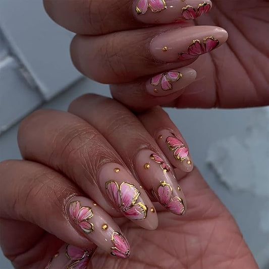 Pink Flower Press on Nails Medium Fake Nails Almond Shape Floral Design with Gold Accents Glue on Nails Spring Summer Artificial Nails Glossy Full Cover Stick on Nails for Women Girls, 24Pcs