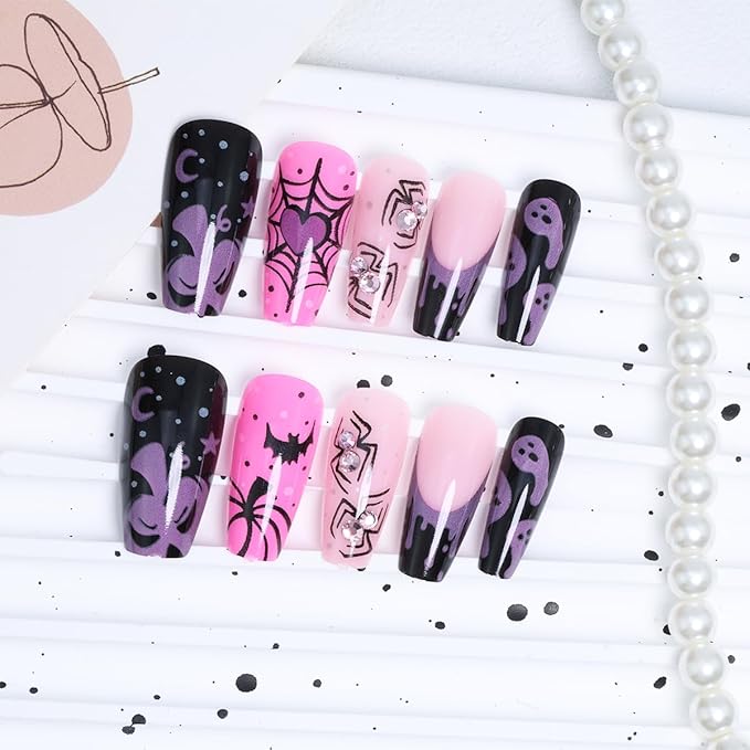 24Pcs Halloween Press on Nails Medium Square Fake Nails with Spiders Rhinestone Design French Tip Glue on Nails Cute Ghost False Nails Full Cover Pink Black Gothic Halloween Acrylic Nails for Women