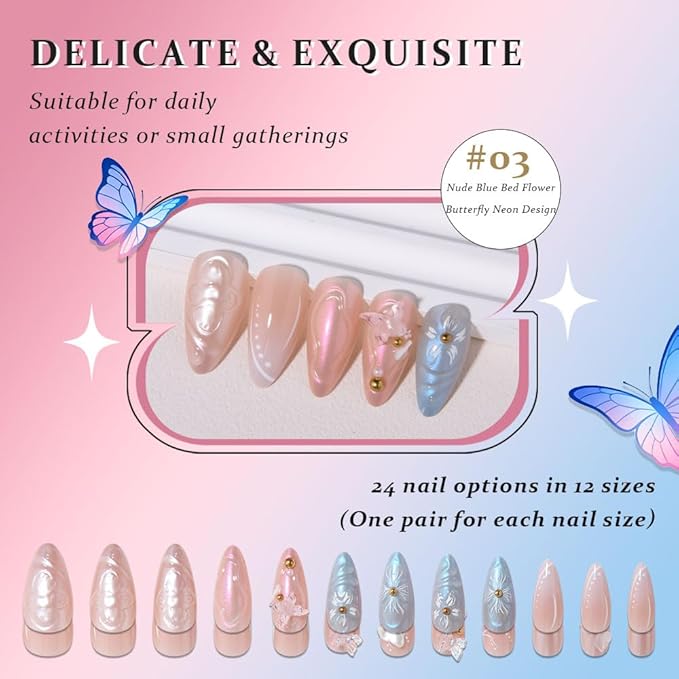 Handmade 3D Flower Butterfly Blue Pink Press On Nails Almond Medium, Floral Pearl French Tip Designer Reusable Acrylic Fake Nails With Cute Charms Glue On Nails, Daily Wear Nails For Women