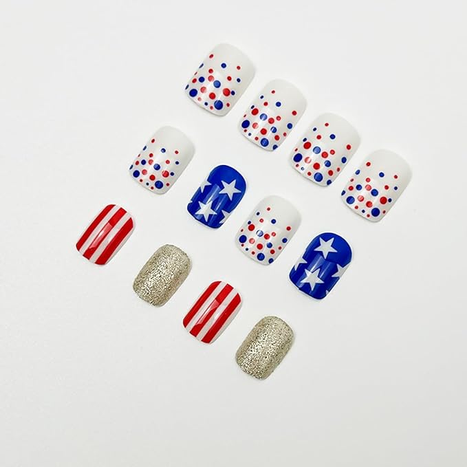 24Pcs 4th of July Press on Nails Short Square Fake Nails Red Blue Line False Nails with White Star Design Silver Glitter Stick on Nails Full Cover Artificial Glue on Nails Cute Nail Supplies for Women