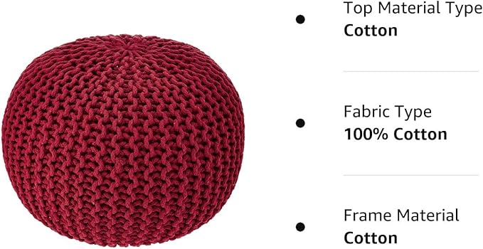 REDEARTH Round Pouf Ottoman - Hand Knitted Cable Boho Poof - Foot Stool Bean Bag - Home Décor Stuffed Footrest for Living Room - Nursery - Bedroom - 100% Cotton Poufs (19.5"x19.5"x14") - Red