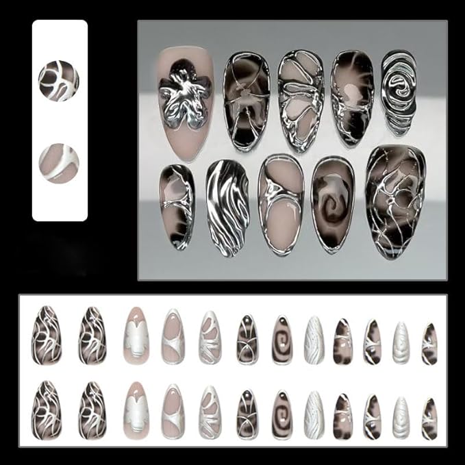 Dark Press on Nails Long Almond Fake Nails Flower False Nails Silver Irregular Line Butterfly Design Gradient Gothic Stick on Nail Artificial Glue on Nail for Women Decoration Salon Manicure