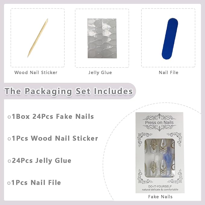 24Pcs Almond Press on Nails Medium Fake Nails Glossy Nude White Glue on Nails with Pearl Design Gold Chrome Bow Star Moon False Nail Full Cover Glitter Artificial Stick on Nails for Women Acrylic Nail