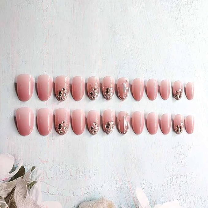 RikView Pink Press on Nails Medium Fake Nails Almond Acrylic Nails with Sequins 24 PCs/Set