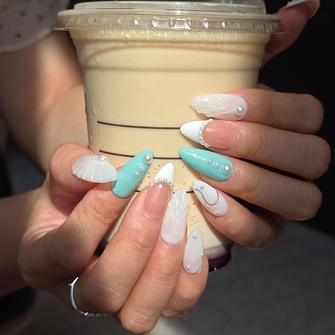 3D Pearl Press On Nails Medium Almond- Handmade Nude Base Mint Green with 3D Leaf Design -Gel Acrylic 10pcs Reusable (Forest Elves, Size S)